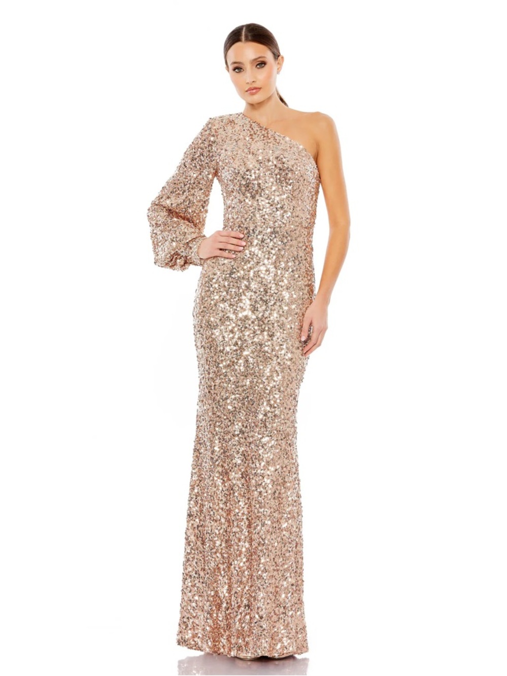 MAC DUGGAL Size 2 pink gold Sequined One Shoulder Trumpet Formal Gown Dress  NWT